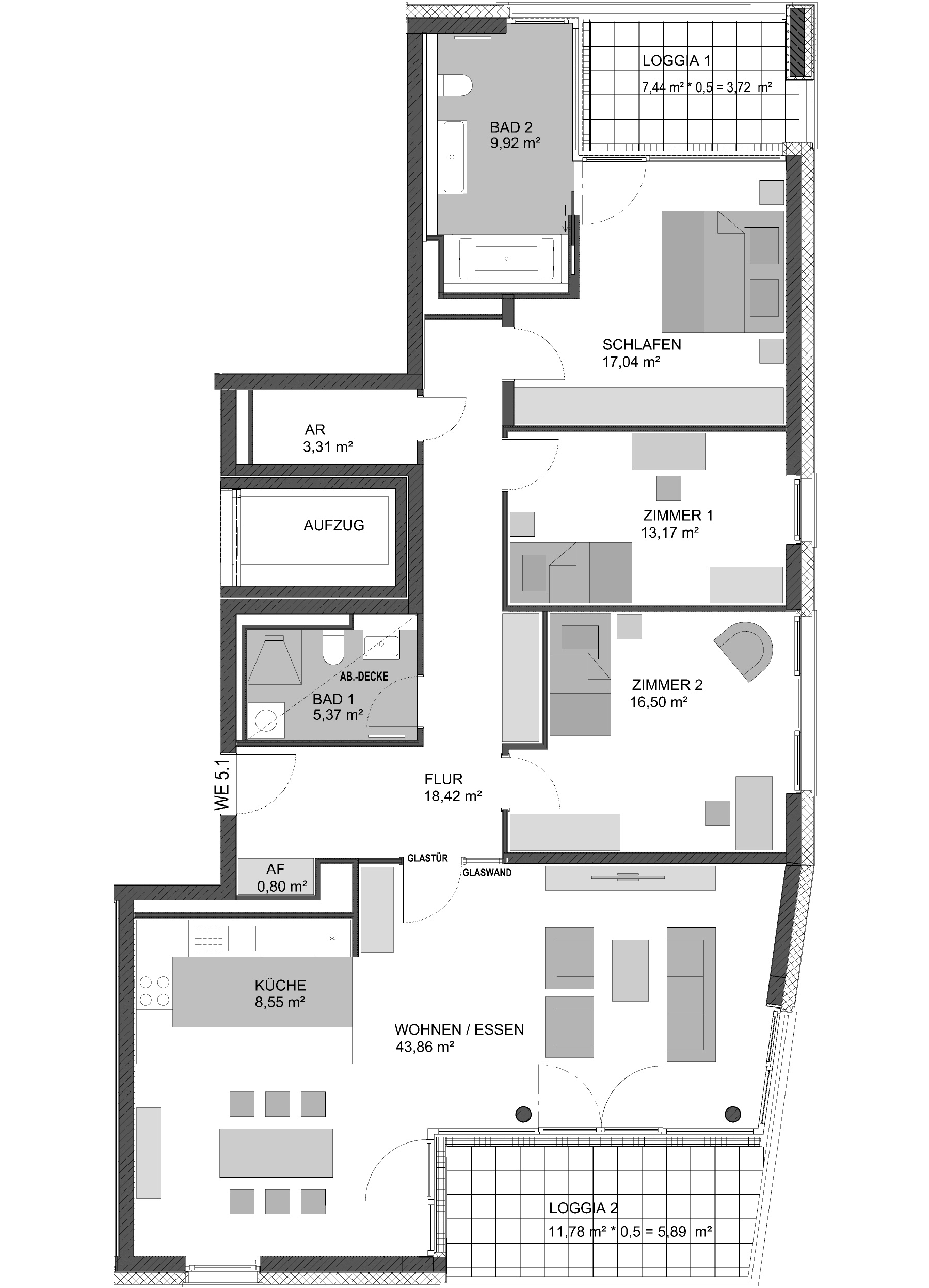 5. OG, 4 Zimmer-Eigentumswohnung TE 19, ca. 146 m² Wohnfläche